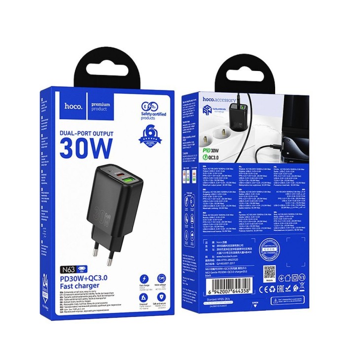 Сетевое зарядное устройство для телефона Hoco USB A + USB C QC3.0 PD 3A 30W N63 черное