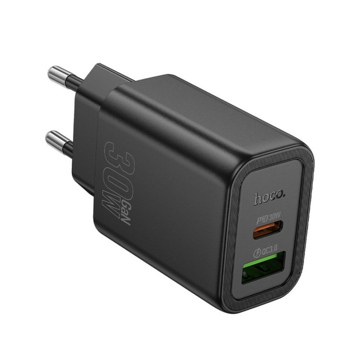Wall charger for phone Hoco USB A + USB C QC3.0 PD 3A 30W N63 black