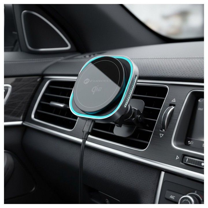 Wireless car phone holder MagSafe compatible Forcell F-Grip Air Mag F-07 Qi2 15W for the air vent silver