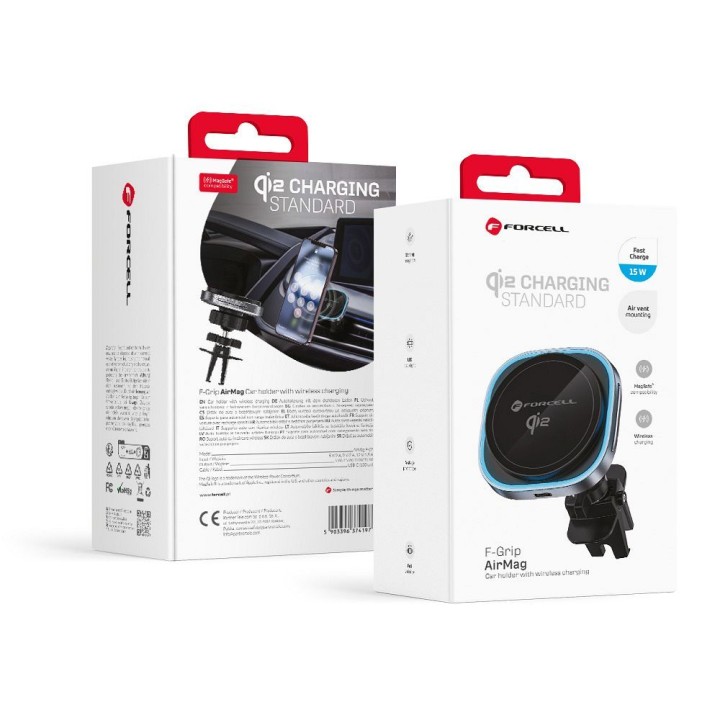 Wireless car phone holder MagSafe compatible Forcell F-Grip Air Mag F-07 Qi2 15W for the air vent silver