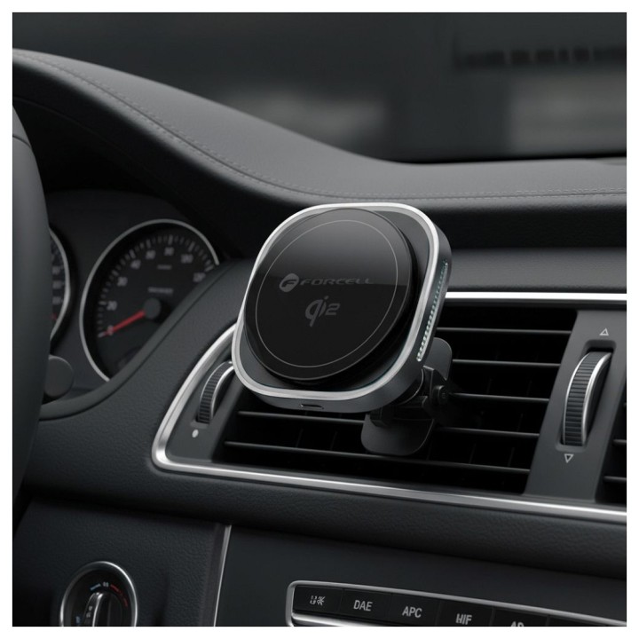 Wireless car phone holder MagSafe compatible Forcell F-Grip Air Mag F-07 Qi2 15W for the air vent silver