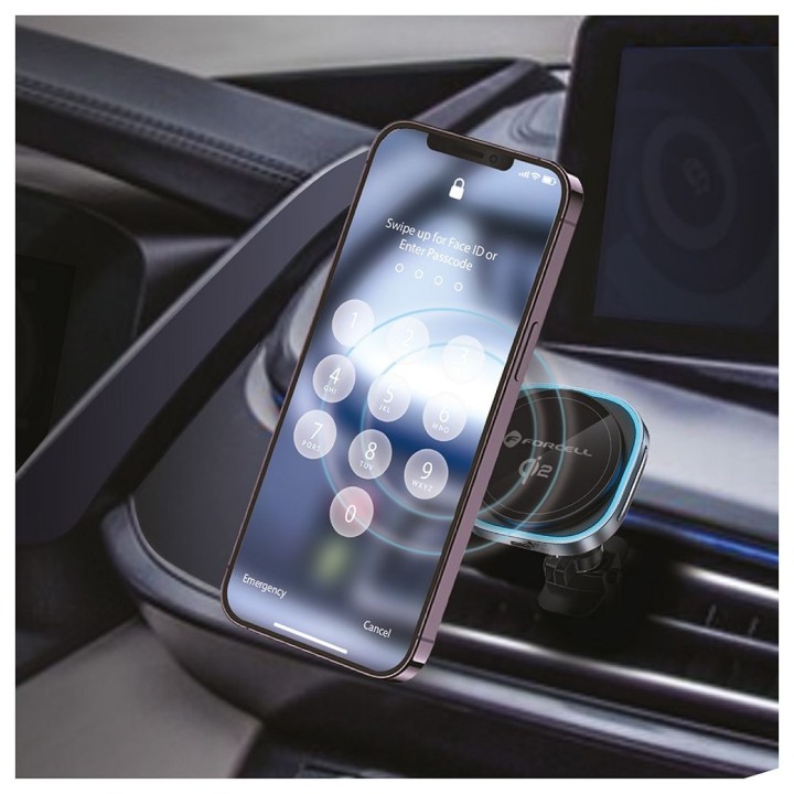 Wireless car phone holder MagSafe compatible Forcell F-Grip Air Mag F-07 Qi2 15W for the air vent silver