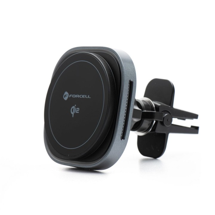 Wireless car phone holder MagSafe compatible Forcell F-Grip Air Mag F-07 Qi2 15W for the air vent silver