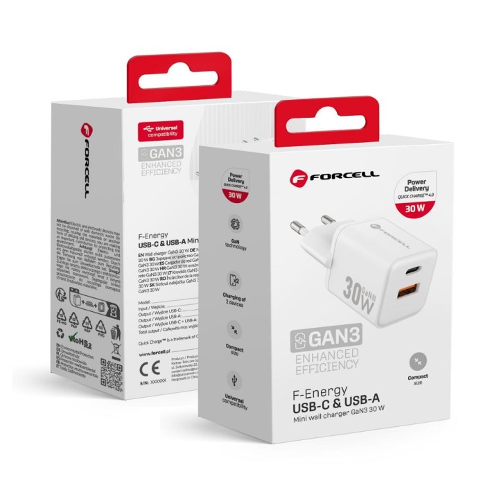 Wall charger for phone Forcell F-Energy Mini GaN III USB C + USB A QC4.0 PD 30W VT-35 white 0INT