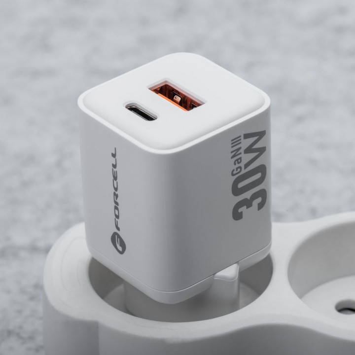 Wall charger for phone Forcell F-Energy Mini GaN III USB C + USB A QC4.0 PD 30W VT-35 white 0INT
