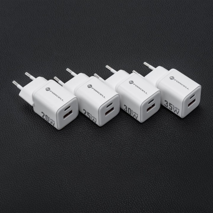 Wall charger for phone Forcell F-Energy Mini GaN III USB C + USB A QC4.0 PD 30W VT-35 white 0INT