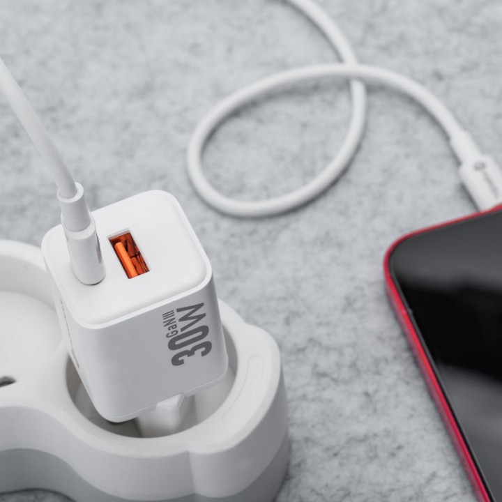 Wall charger for phone Forcell F-Energy Mini GaN III USB C + USB A QC4.0 PD 30W VT-35 white 0INT