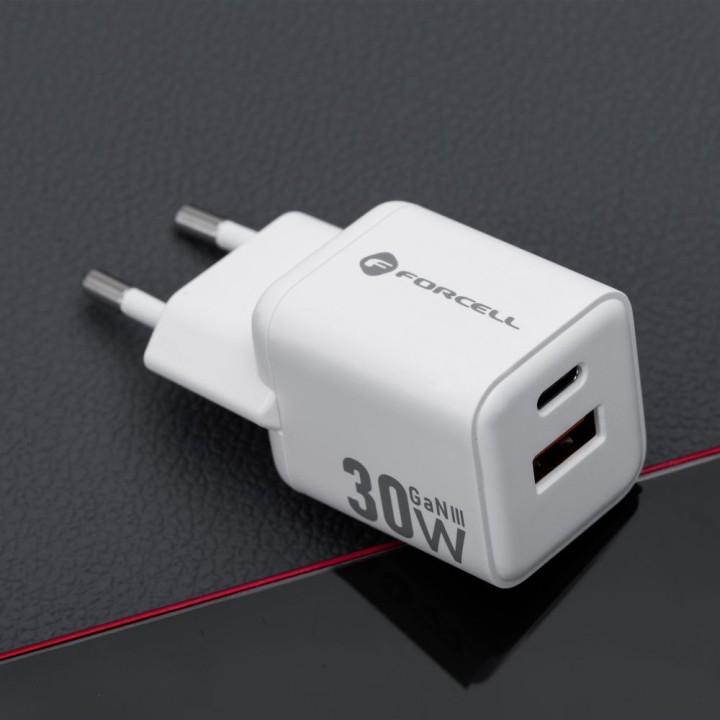 Wall charger for phone Forcell F-Energy Mini GaN III USB C + USB A QC4.0 PD 30W VT-35 white 0INT