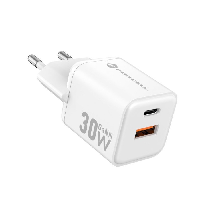 Wall charger for phone Forcell F-Energy Mini GaN III USB C + USB A QC4.0 PD 30W VT-35 white 0INT