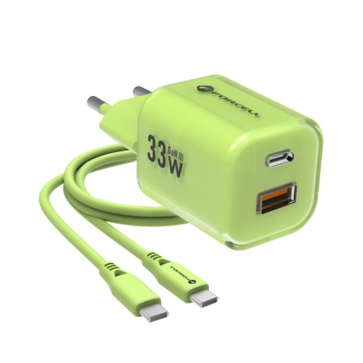 Wall charger for phone Forcell F-Energy GaN III Crystal Color USB C + USB A QC4.0 PD 33W + cable USB C to USB C VT-41