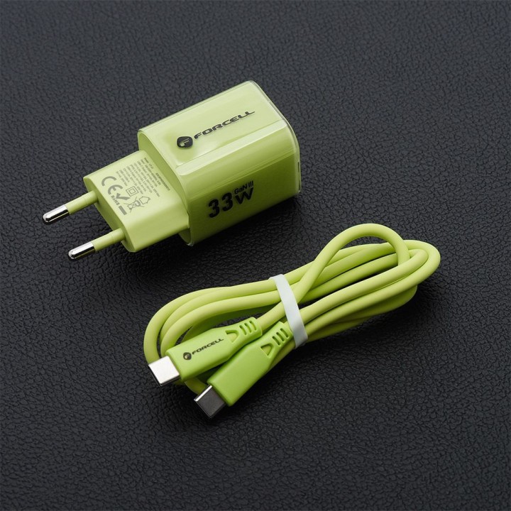 Wall charger for phone Forcell F-Energy GaN III Crystal Color USB C + USB A QC4.0 PD 33W + cable USB C to USB C VT-41