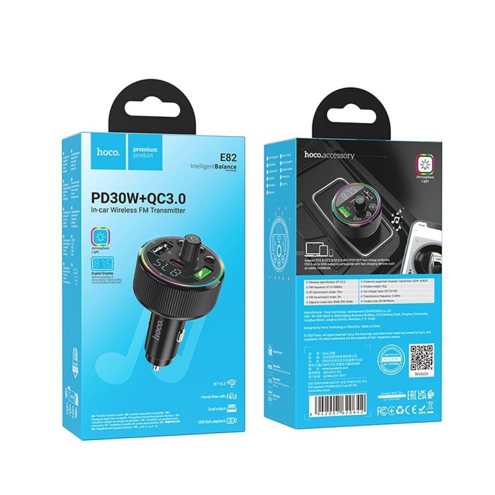 Transmiter samochodowy bluetooth Hoco 2 x USB A + USB C QC3.0 PD 30W E82 czarny