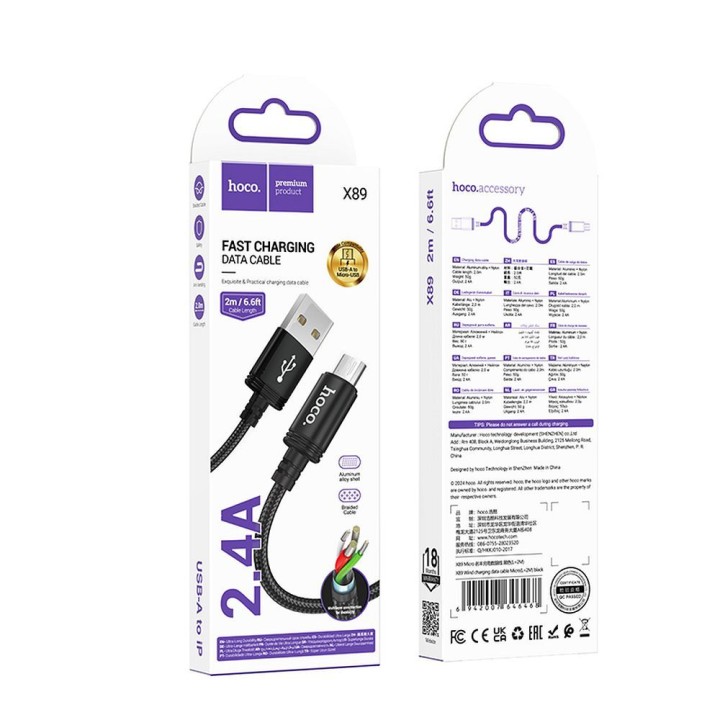 Кабель USB A для Micro USB Hoco 2,4A 2 m X89 черный