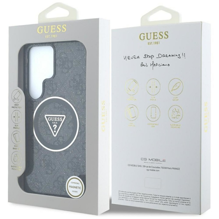 GUESS чехол для SAMSUNG S25 Ultra GUHMS25LHG4PRTGK (Magnetic IML Metal Glitter 4G Circle Triangle) черный
