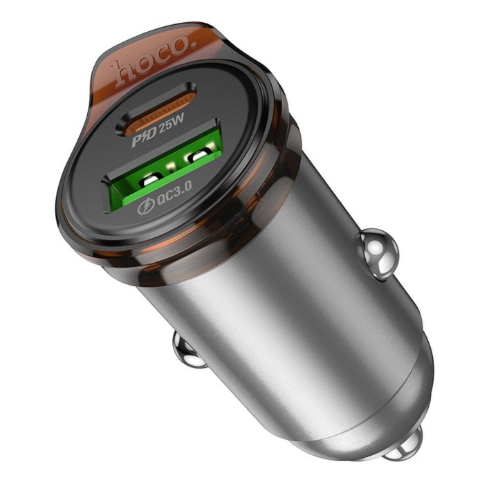 Car charger Hoco USB A + USB C QC3.0 PD 43W + USB-C to USB-C cable NZ16A grey