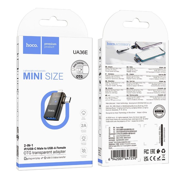 Адаптер OTG 2 в 1 Lightning / USB C – USB A Hoco UA36E чорний