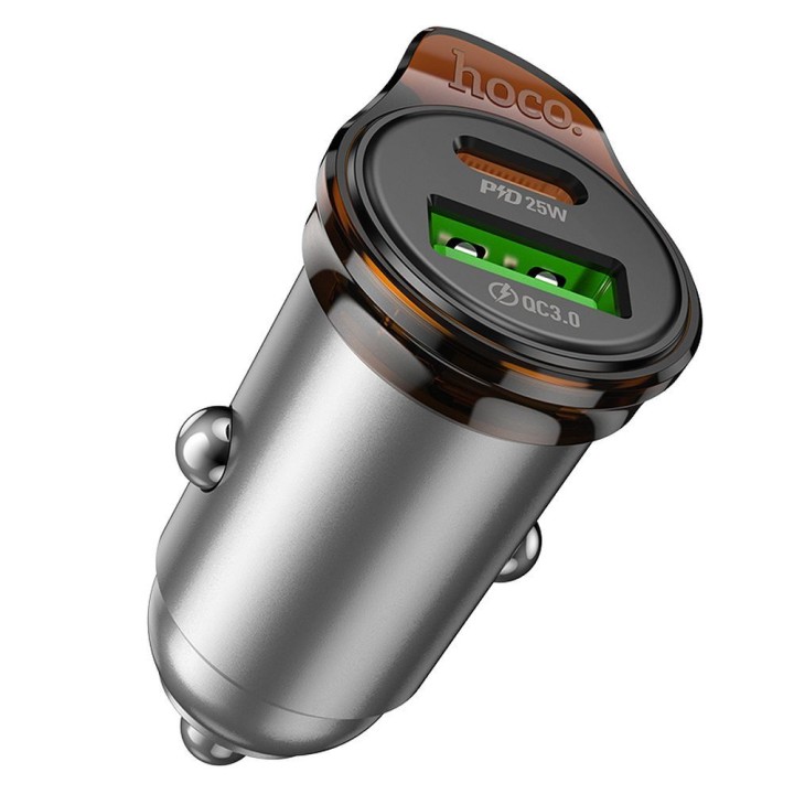 Car charger Hoco USB A + USB C QC3.0 PD 43W + USB-C to USB-C cable NZ16A grey
