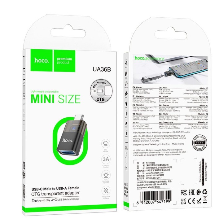 Adapter OTG USB C to USB A Hoco UA36B transparent black