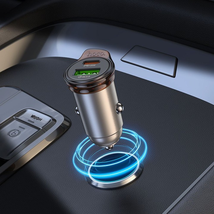 Car charger Hoco USB A + USB C QC3.0 PD 43W + USB-C to USB-C cable NZ16A grey