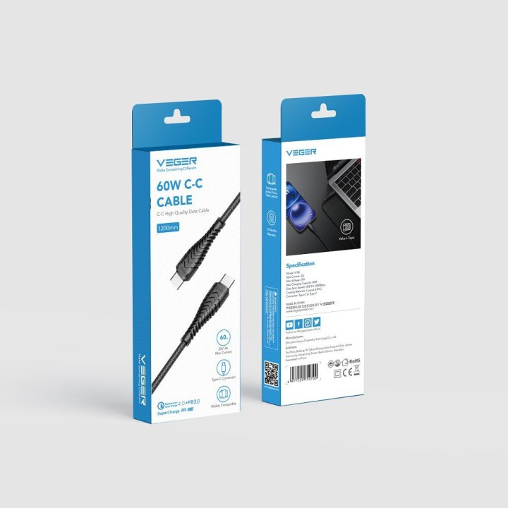 Кабель USB-C – USB-C VEGER PD 3A 60W 1,2 m V106 черный