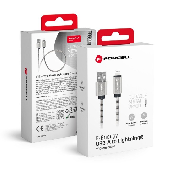 USB-A to Lightning cable Forcell F-Energy 2,4A 12W Metal 2 m C236 silver