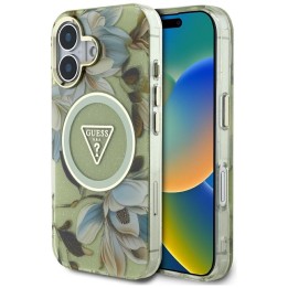 GUESS чохол для IPHONE 16 сумісний з MagSafe GUHMP16SHFLPEDN (IML Metal Glitter Flowers Triangle) зелений