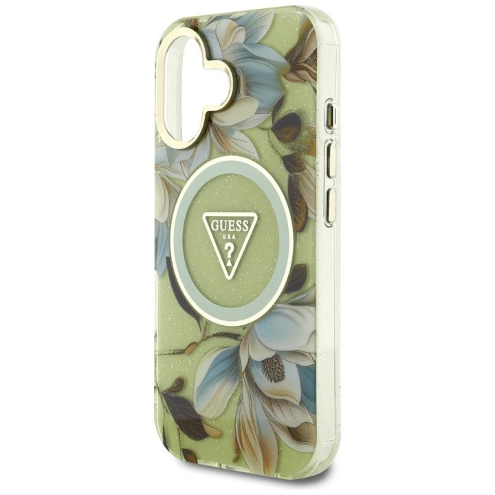 GUESS futerał do IPHONE 16 kompatybyliny z MagSafe GUHMP16SHFLPEDN (IML Metal Glitter Flowers Triangle) zielony