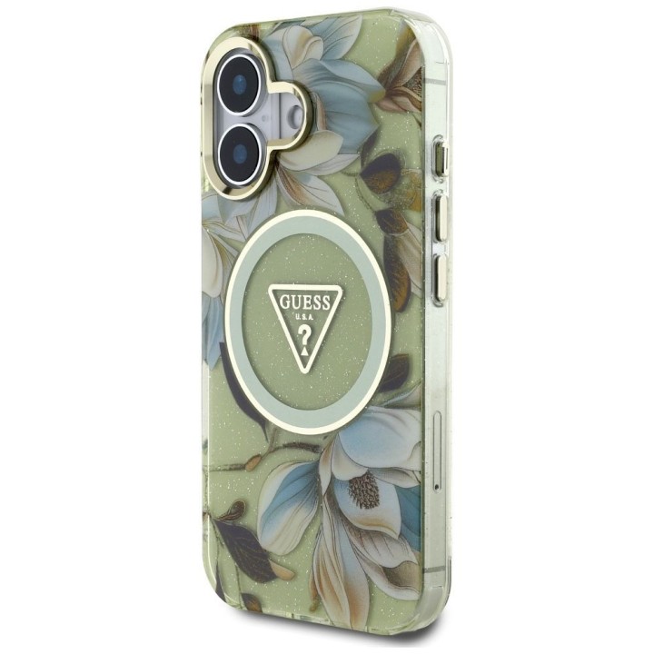 GUESS case for IPHONE 16 compatible with MagSafe GUHMP16SHFLPEDN (IML Metal Glitter Flowers Triangle) green