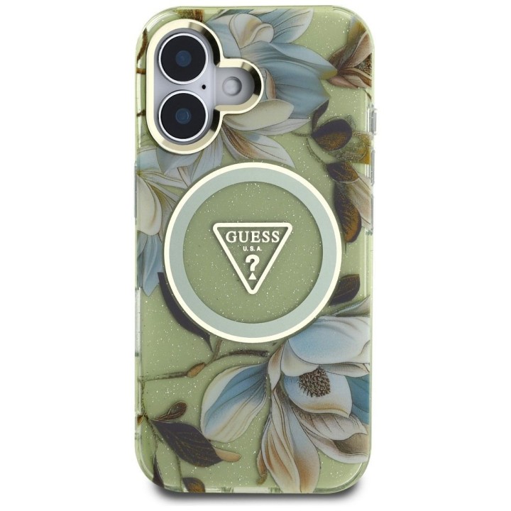 GUESS чохол для IPHONE 16 сумісний з MagSafe GUHMP16SHFLPEDN (IML Metal Glitter Flowers Triangle) зелений