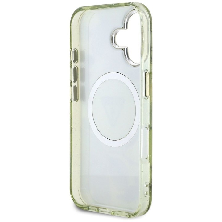 GUESS чохол для IPHONE 16 сумісний з MagSafe GUHMP16SHFLPEDN (IML Metal Glitter Flowers Triangle) зелений