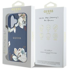 GUESS чехол для IPHONE 16 совместимый с MagSafe GUHMP16SPGNMPLMB (PU Grained Flowers Classic Logo) синий