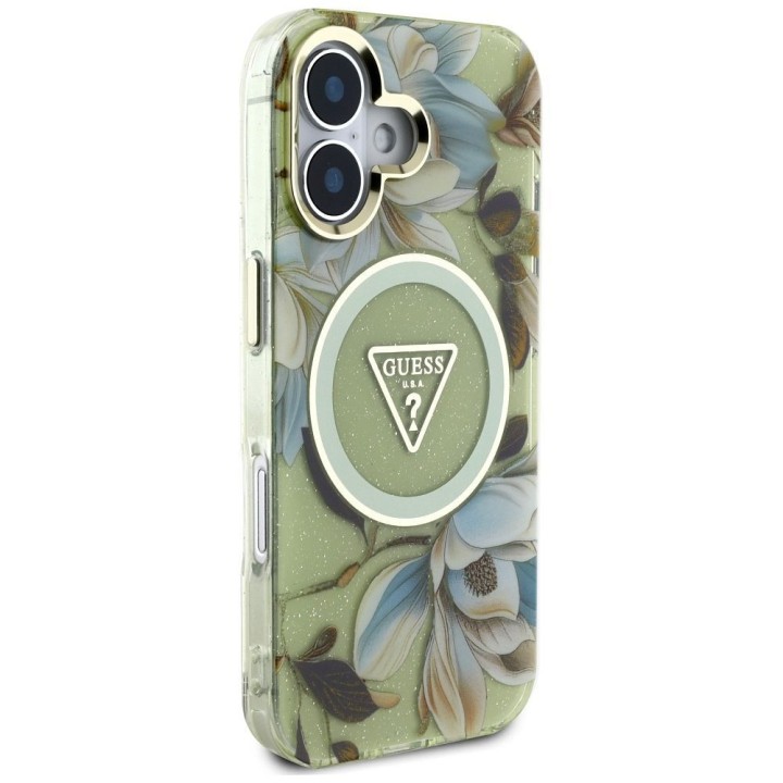 GUESS case for IPHONE 16 compatible with MagSafe GUHMP16SHFLPEDN (IML Metal Glitter Flowers Triangle) green