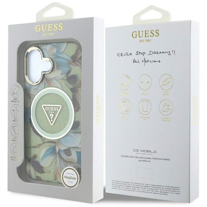 GUESS futerał do IPHONE 16 kompatybyliny z MagSafe GUHMP16SHFLPEDN (IML Metal Glitter Flowers Triangle) zielony