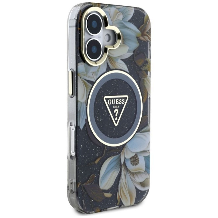 GUESS case for IPHONE 16 compatible with MagSafe GUHMP16SHFLPEDK (IML Metal Glitter Flowers Triangle) black
