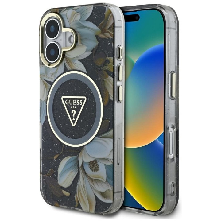 GUESS чехол для IPHONE 16 совместимый с MagSafe GUHMP16SHFLPEDK (IML Metal Glitter Flowers Triangle) черный
