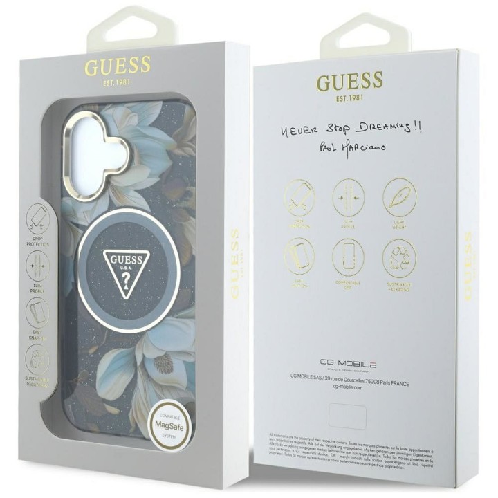 GUESS case for IPHONE 16 compatible with MagSafe GUHMP16SHFLPEDK (IML Metal Glitter Flowers Triangle) black