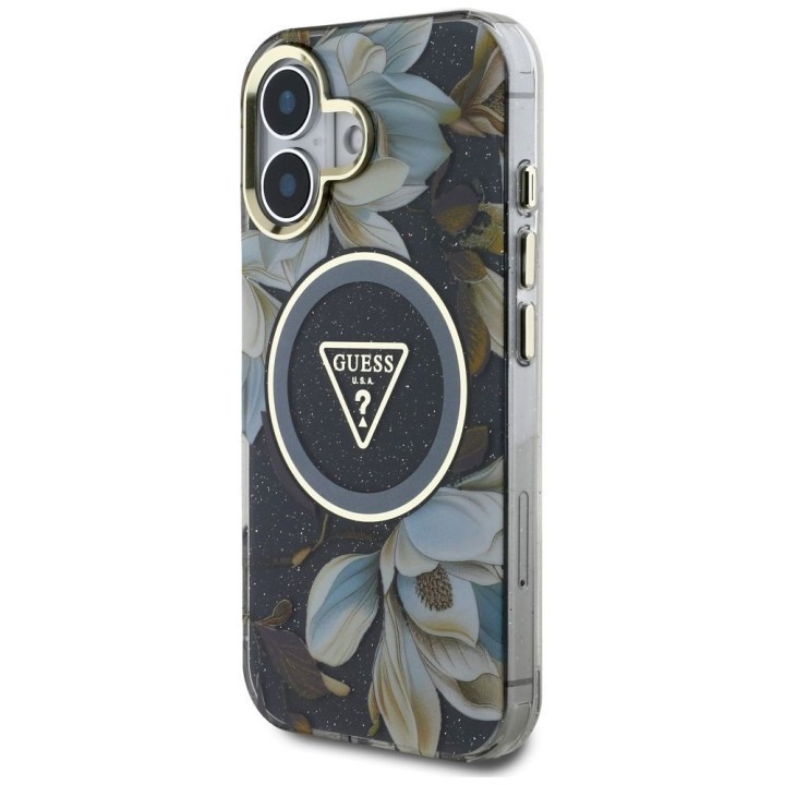 GUESS чехол для IPHONE 16 совместимый с MagSafe GUHMP16SHFLPEDK (IML Metal Glitter Flowers Triangle) черный