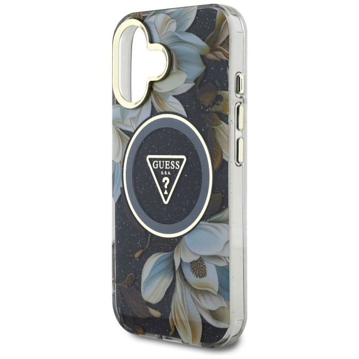 GUESS case for IPHONE 16 compatible with MagSafe GUHMP16SHFLPEDK (IML Metal Glitter Flowers Triangle) black