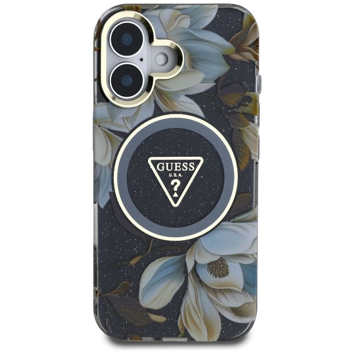 GUESS чехол для IPHONE 16 совместимый с MagSafe GUHMP16SHFLPEDK (IML Metal Glitter Flowers Triangle) черный