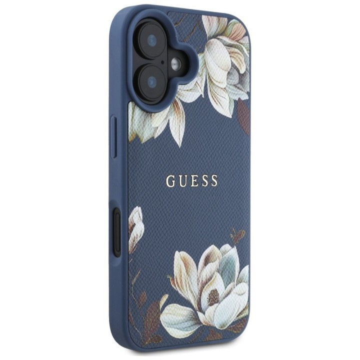 GUESS чохол для IPHONE 16 сумісний з MagSafe GUHMP16SPGNMPLMB (PU Grained Flowers Classic Logo) синій