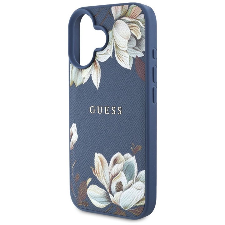 GUESS чохол для IPHONE 16 сумісний з MagSafe GUHMP16SPGNMPLMB (PU Grained Flowers Classic Logo) синій