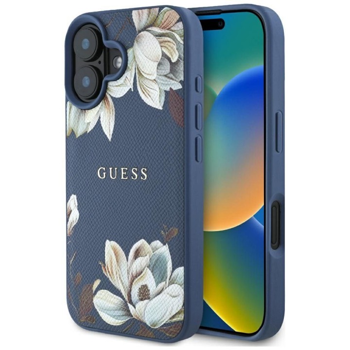 GUESS чехол для IPHONE 16 совместимый с MagSafe GUHMP16SPGNMPLMB (PU Grained Flowers Classic Logo) синий