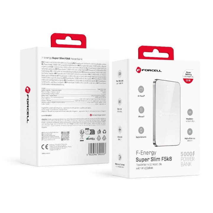 Powerbank zgodny z MagSafe Forcell F-Energy SuperSlim F5K8 QC4.0 PD3.0 15W 5000 mAh biały 0INT