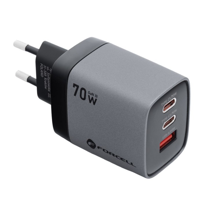 Мережевий зарядний пристрій для телефона Forcell F-Energy GaN III 2 x USB C + USB A QC4.0 3,45A PD 70W SAM SFC2.0 з дисплеєм LCD