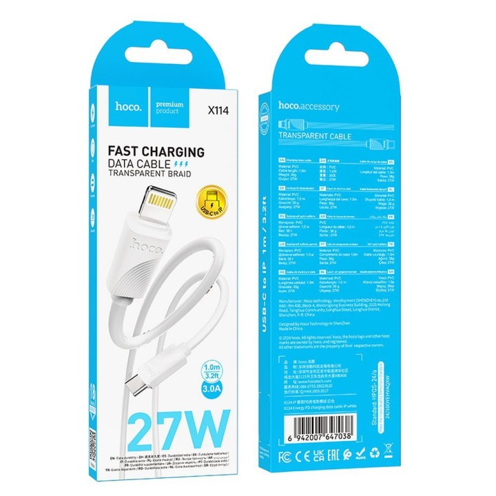 USB-C to Lightning cable Hoco PD 27W 1 m X114 white