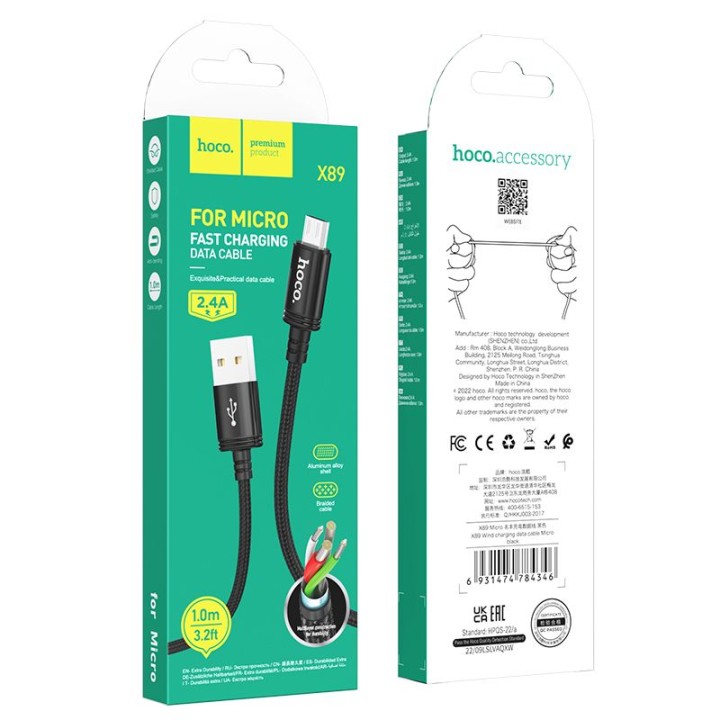 Cable USB A for Micro USB Hoco 2,4A 1 m X89 black