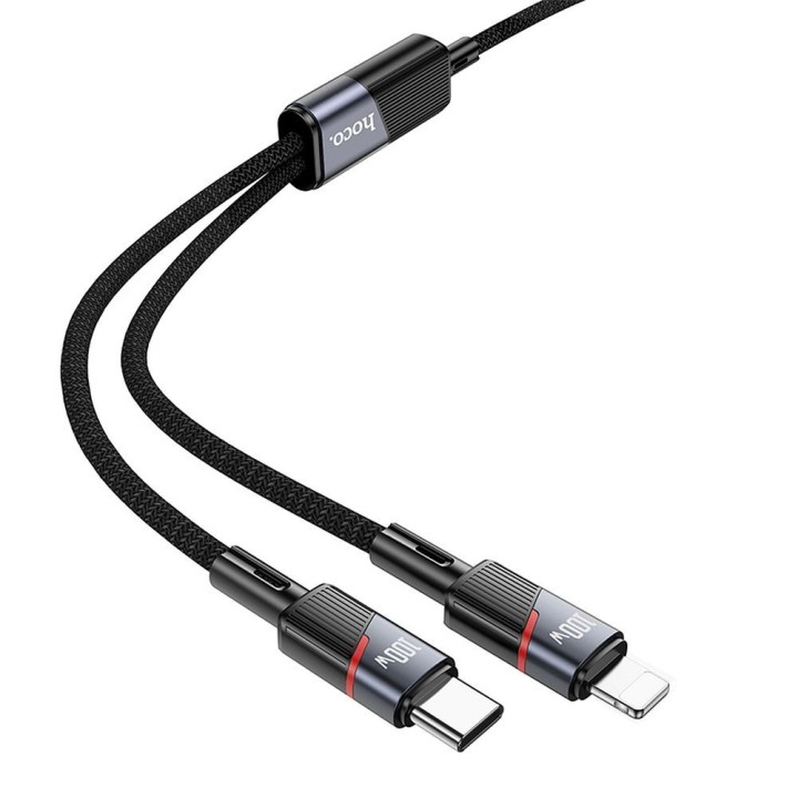 Кабель 2 в 1 USB C – USB C + Lightning Hoco 5A 100W 1,2 m U139 черный