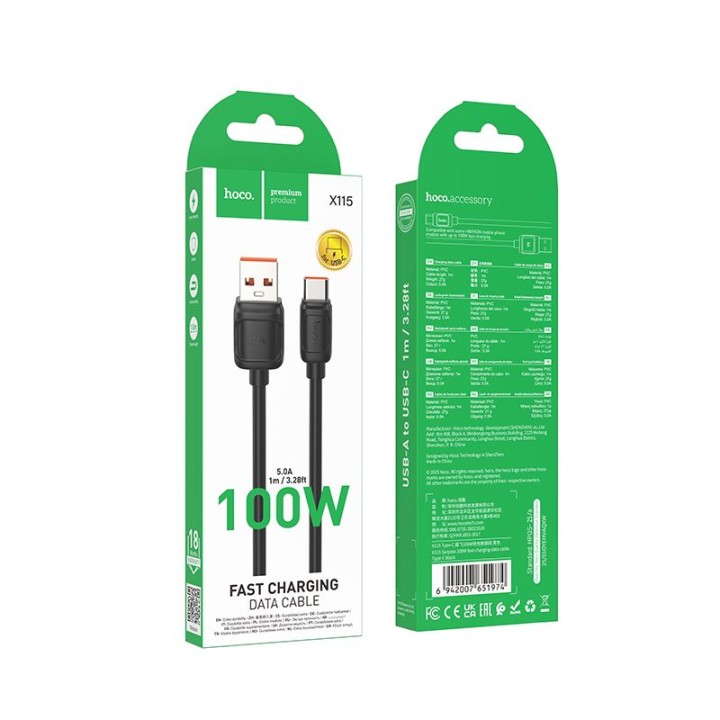 USB-A to USB-C cable Hoco PD 5A 100W 1 m X115 black