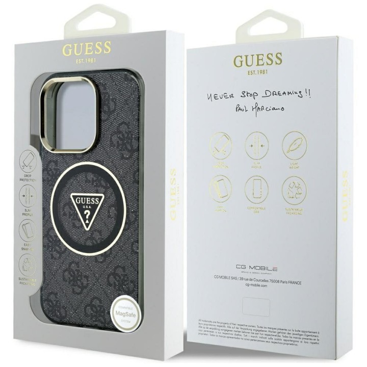 GUESS case for IPHONE 16 Pro compatible with MagSafe GUHMP16LHG4PRTGK (IML Metal Glitter 4G Circle Triangle) black