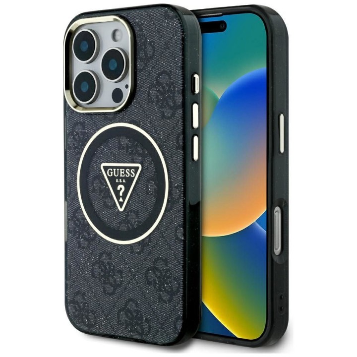 GUESS чехол для IPHONE 16 Pro совместимый с MagSafe GUHMP16LHG4PRTGK (IML Metal Glitter 4G Circle Triangle) черный